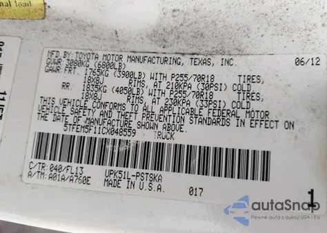 2012 Toyota Tundra Grade 4.6L V8 из США, поврежденный, VIN 5TFEM5F11CX048559